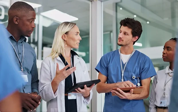 A group of diverse medical professionals, including a woman in a white lab coat and a man in blue scrubs, holding tablets and engaged in a serious discussion in a modern hospital hallway